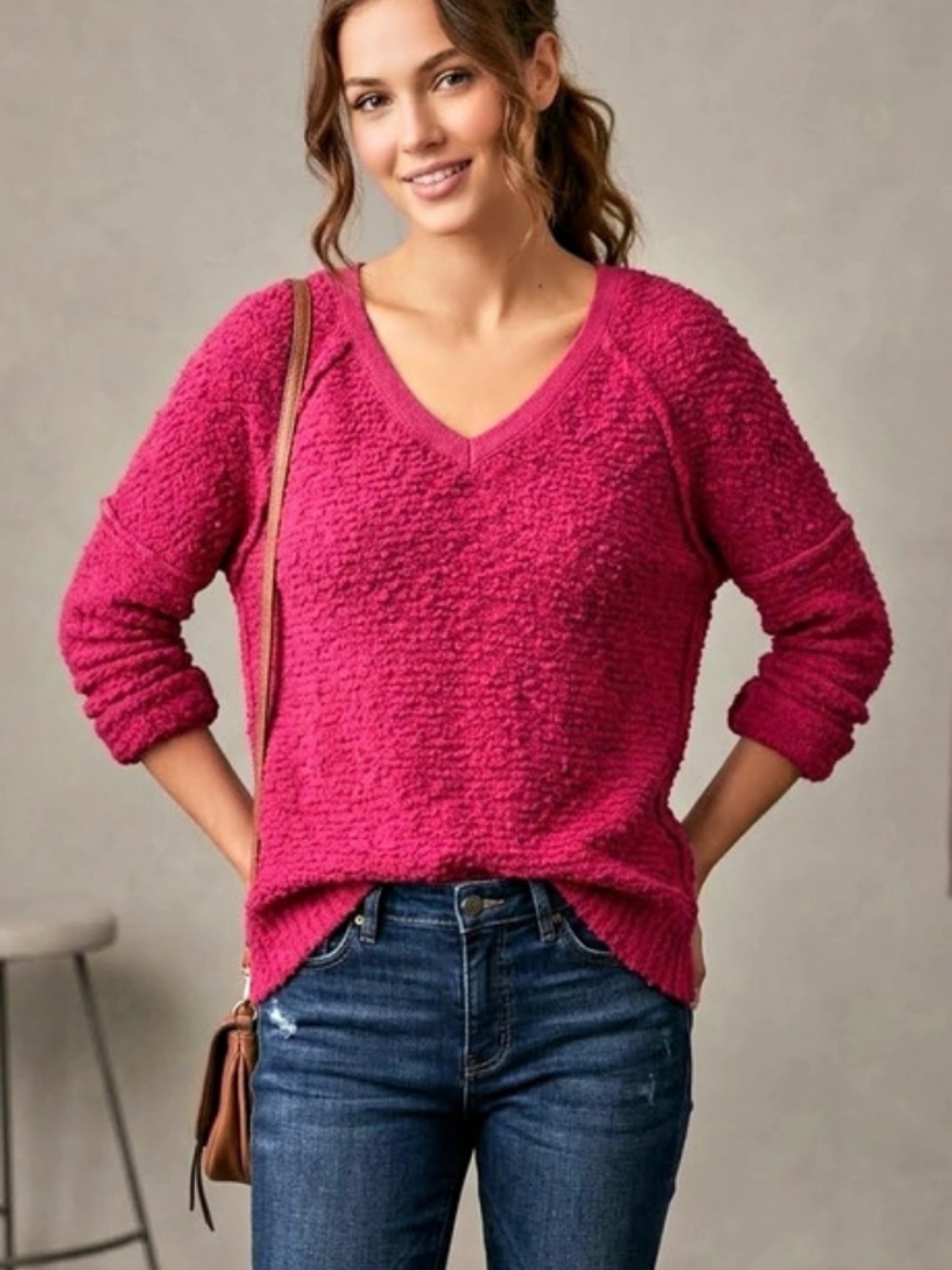 Free People See Me V-Neck Pullover Pink Sweater Small